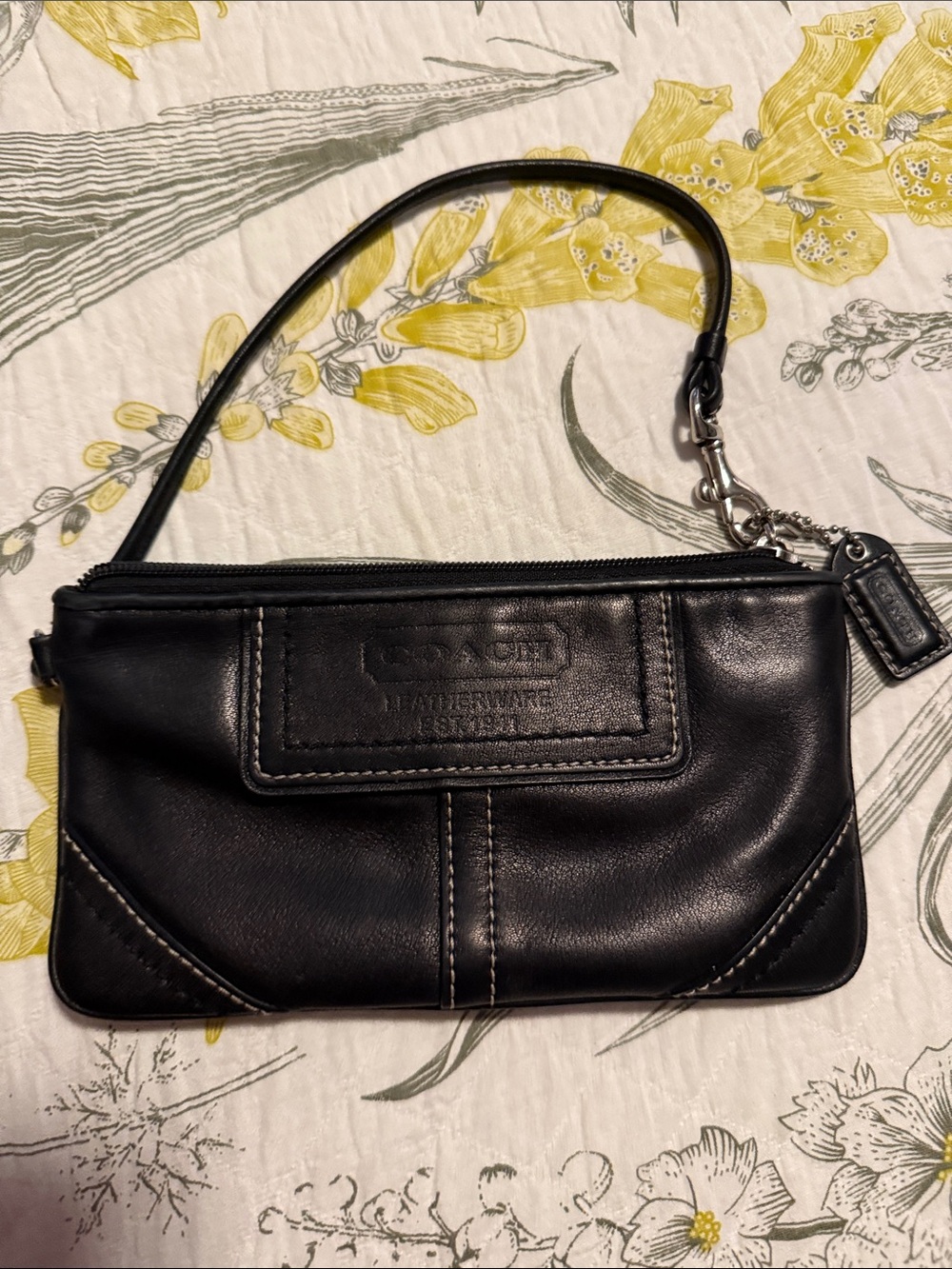 Coach Black Leather Wristlet Clutch with Logo Patch